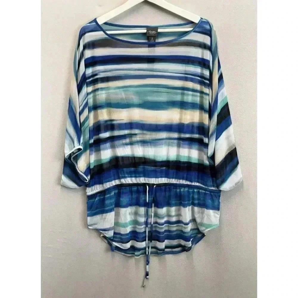 Chicos Travelers Collection Women's Sz 3 (L) Watercolor Striped Top Sheer Blouse